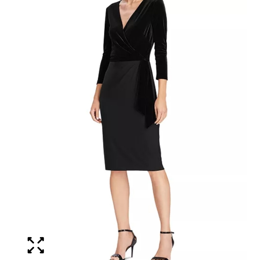 Lauren Ralph Lauren Black Velvet‎ Bodice, Jersey Skirt Faux Wrap Dress Size 2